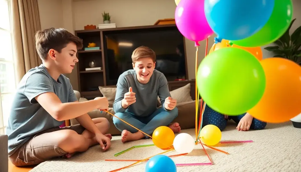 Teenagers setting up a balloon-powered rocket experiment in the living room.