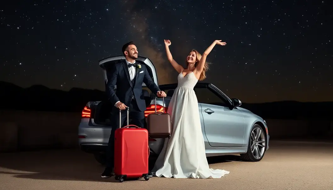 Newlyweds setting off for a romantic adventure under the stars.