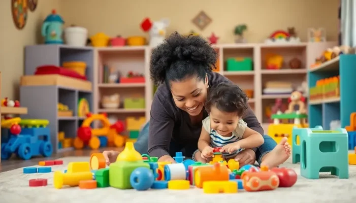 A parent and child engaging in play in a safe, organized room.