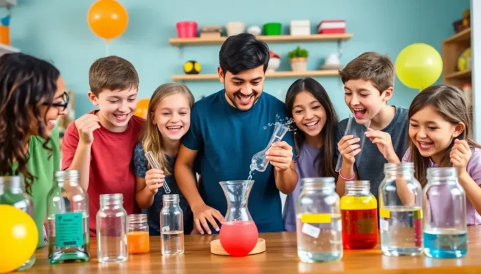 Teenagers engaged in science experiments with balloons and jars at home.