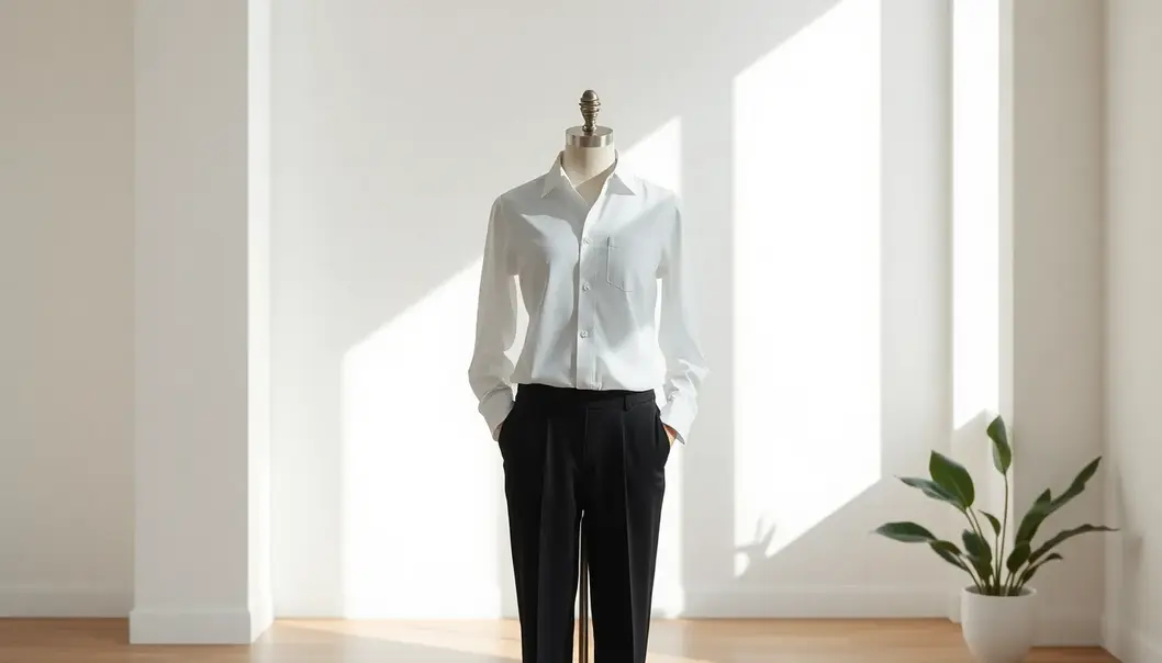 Mannequin in a white shirt and black trousers in minimalist setting.