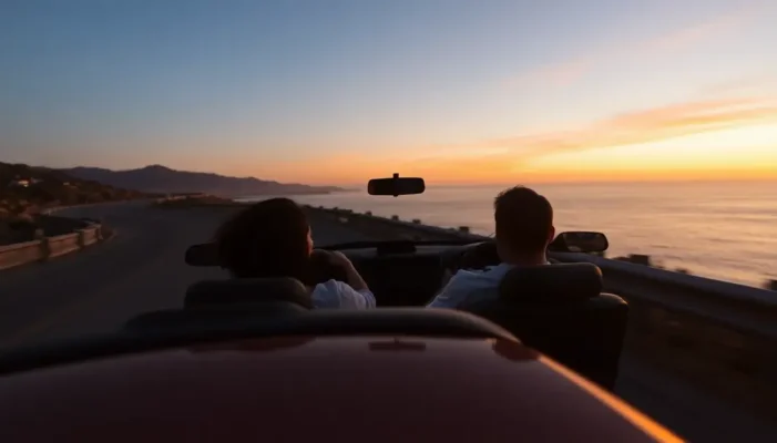 Couple driving by the coast at sunset in a subscription-based car.