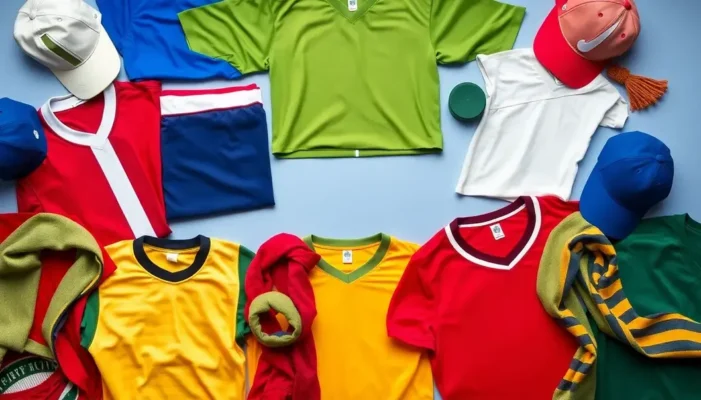 Various sports jerseys and accessories in a vibrant and colorful layout.
