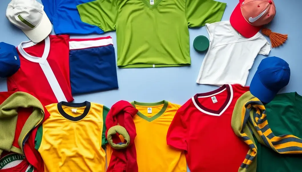 Various sports jerseys and accessories in a vibrant and colorful layout.