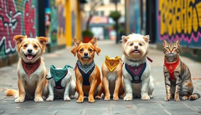 Pets wearing street-style accessories on a colorful urban sidewalk.