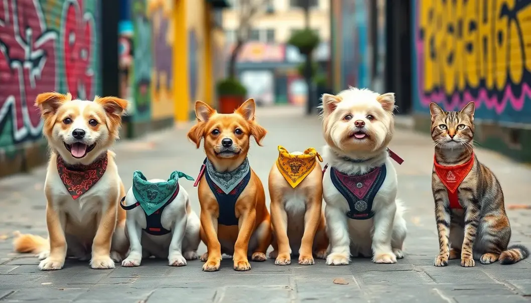 Pets wearing street-style accessories on a colorful urban sidewalk.