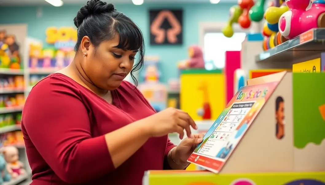 A parent examining toy safety labels to ensure compliance.