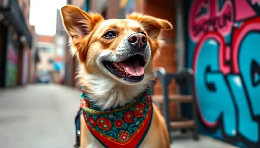 A stylish dog sporting a vibrant bandana, capturing the essence of street style.